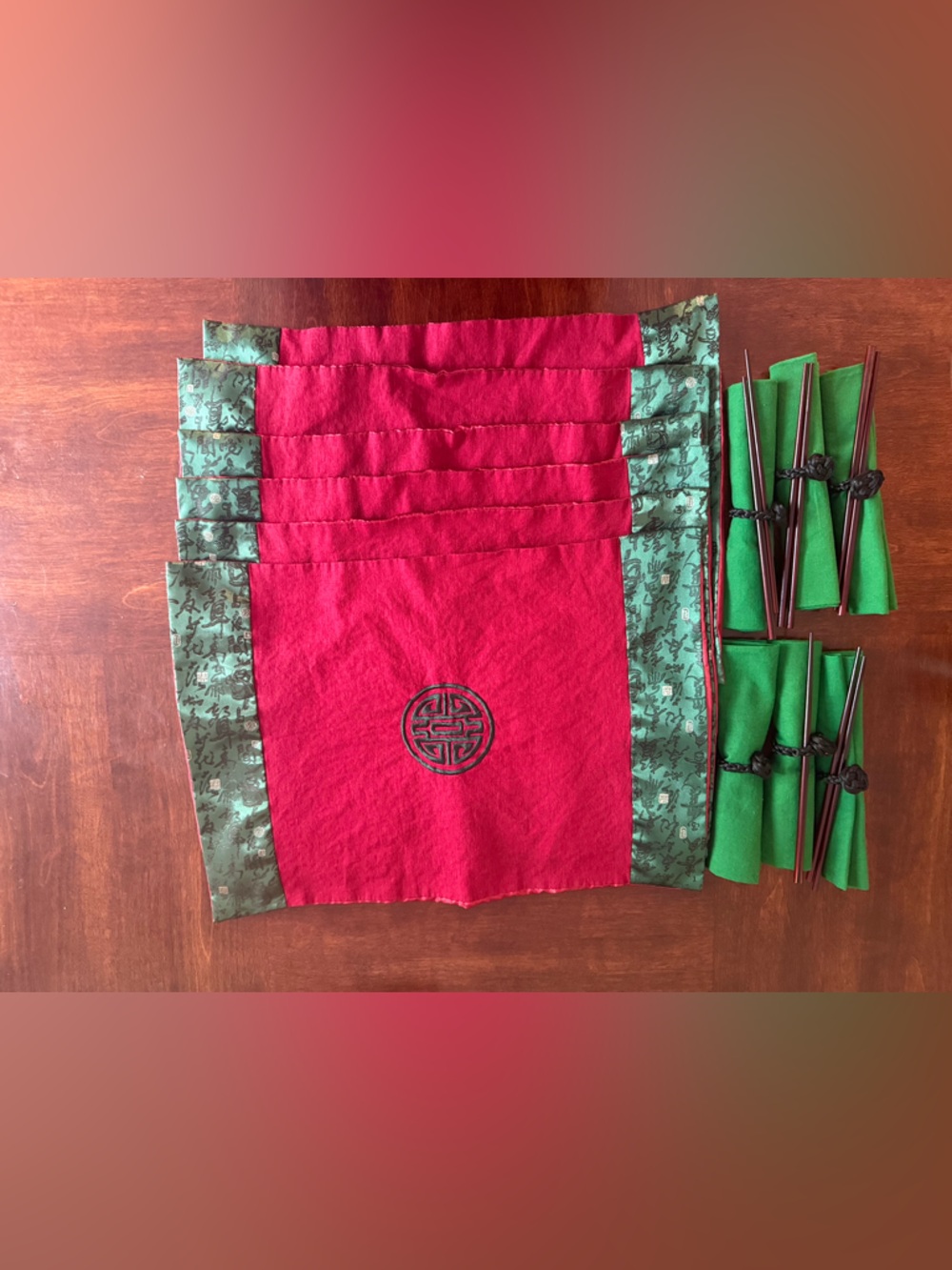 Set of Red & Green Asian-Inspired Napkins with Chopsticks
